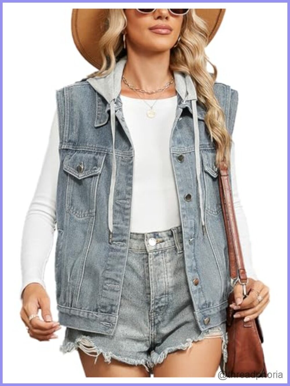 Oversized Denim Vest Sleeveless Removable Hood Button Down Waistcoat
